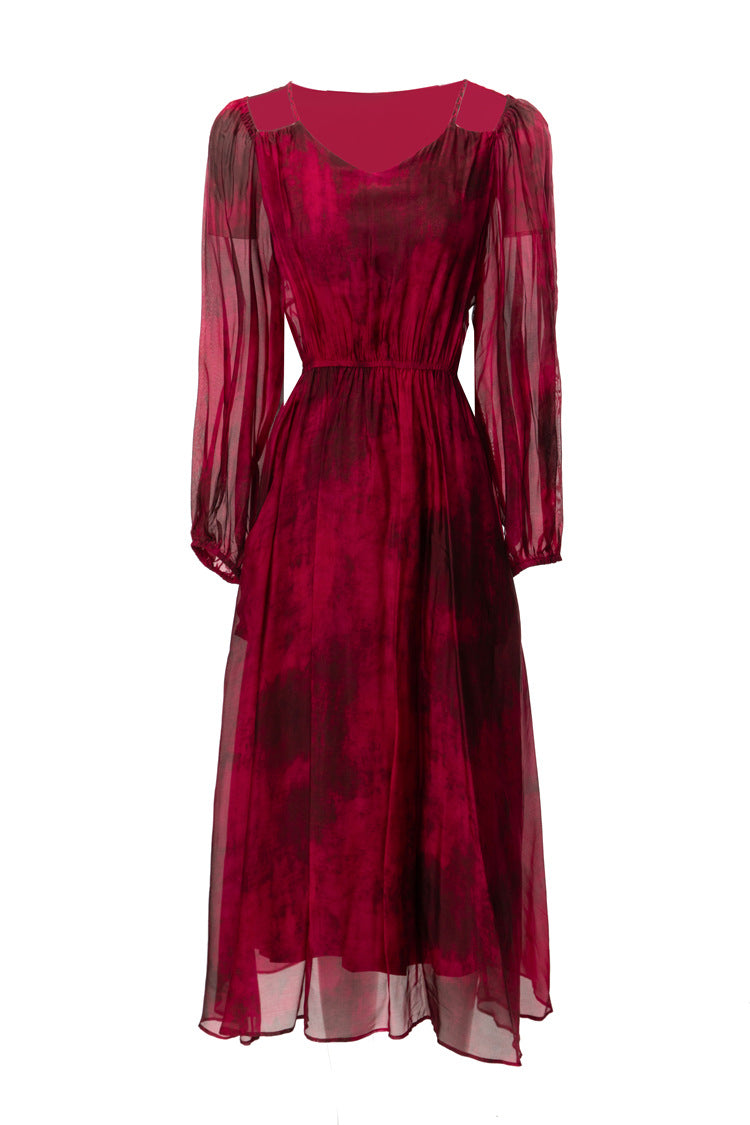 Silk Asymmetrical V-Neck Cinched Waist Midi Dress – French Luxury SP10029