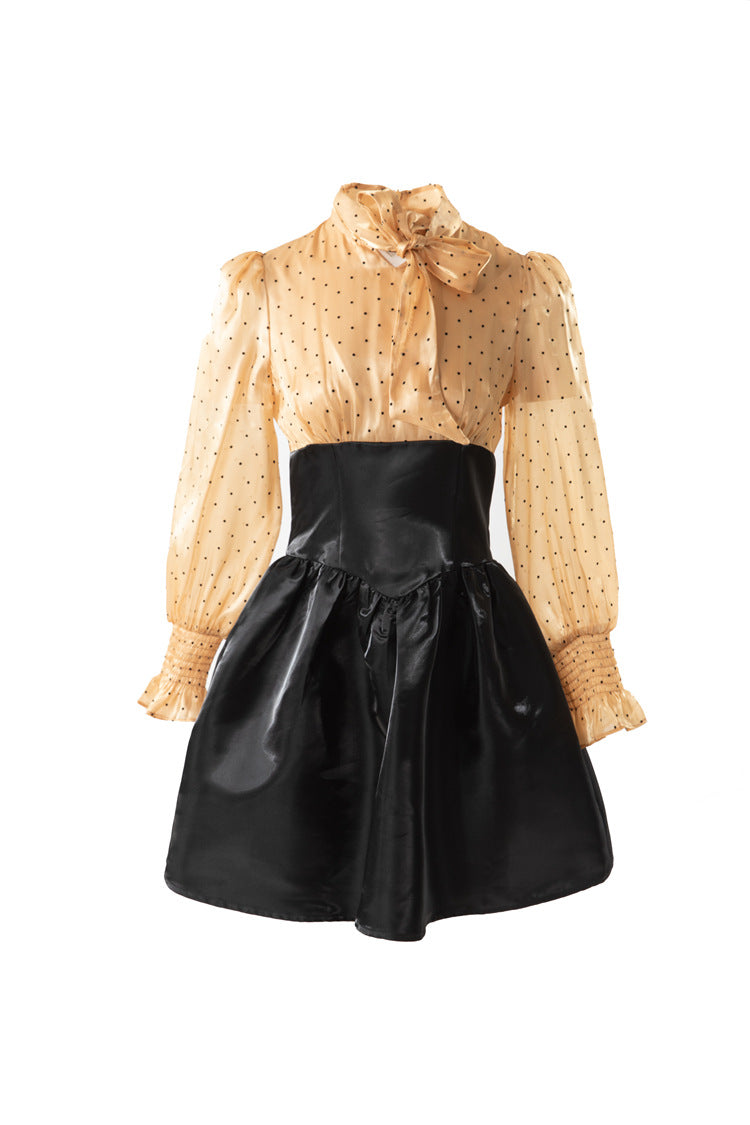 Polka Dot Puff Sleeve Satin Patchwork Mini Dress SP10084