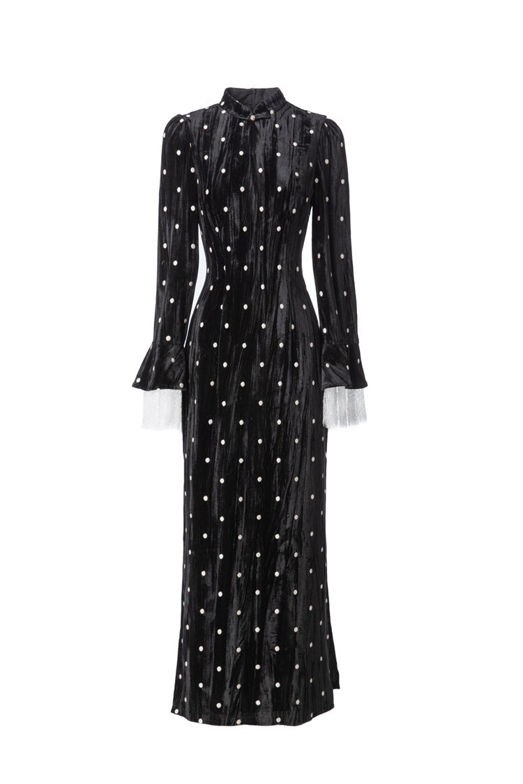Velvet Polka Dot Lace Flare Sleeve Qipao Midi Dress SP10095