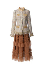 Women's Tweed 2-Piece Set, Gold Fringe Trim Tweed Jacket + Brown Tiered Tulle Maxi Skirt SP10107