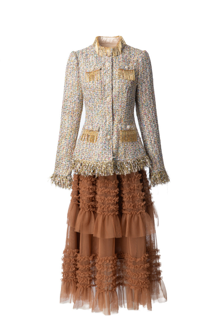 Women's Tweed 2-Piece Set, Gold Fringe Trim Tweed Jacket + Brown Tiered Tulle Maxi Skirt SP10107