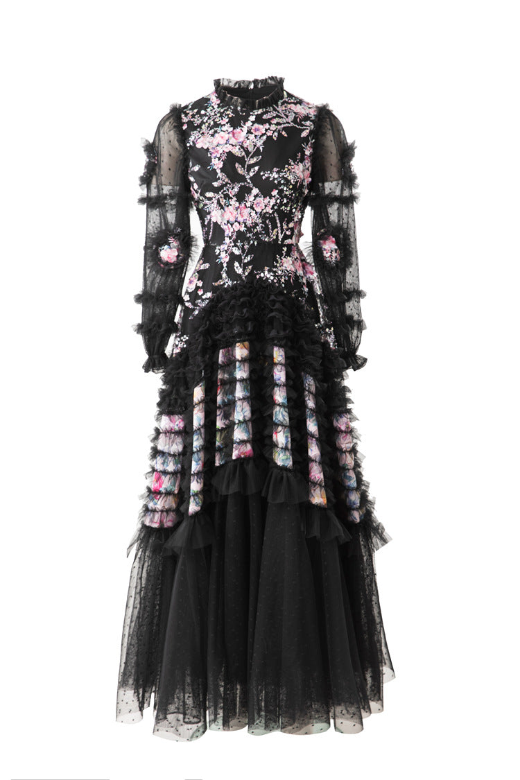 Ruffled High Neck 3D Floral Tiered Tulle Maxi Dress SP10083