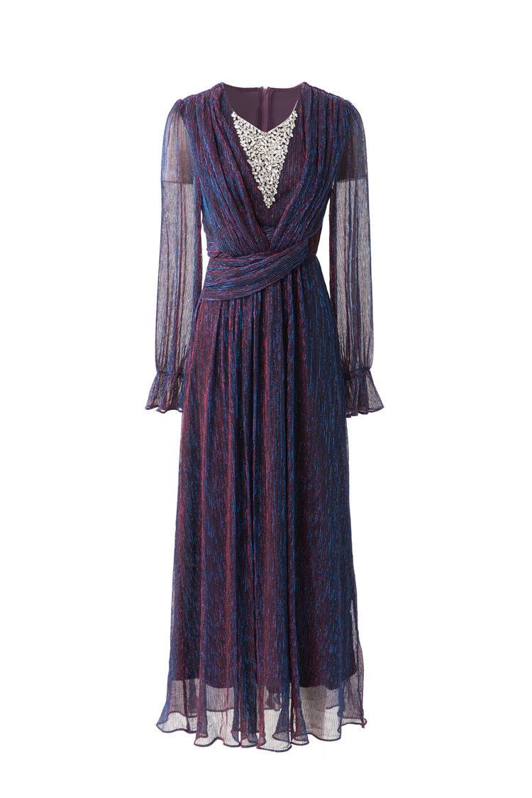 Iridescent Shimmer Beaded Ruched Waist Midi Dress SP10015