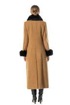 Camel Wool Blend Long Coat with Black Faux Fur Collar & Cuffs SP10112