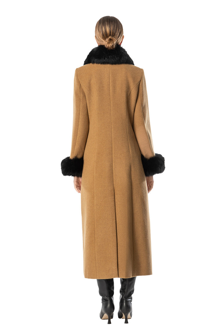 Camel Wool Blend Long Coat with Black Faux Fur Collar & Cuffs SP10112