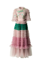 Pink Green Floral Embroidery Tiered Tulle Maxi Dress SP10049