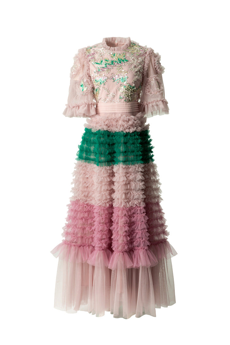 Pink Green Floral Embroidery Tiered Tulle Maxi Dress SP10049