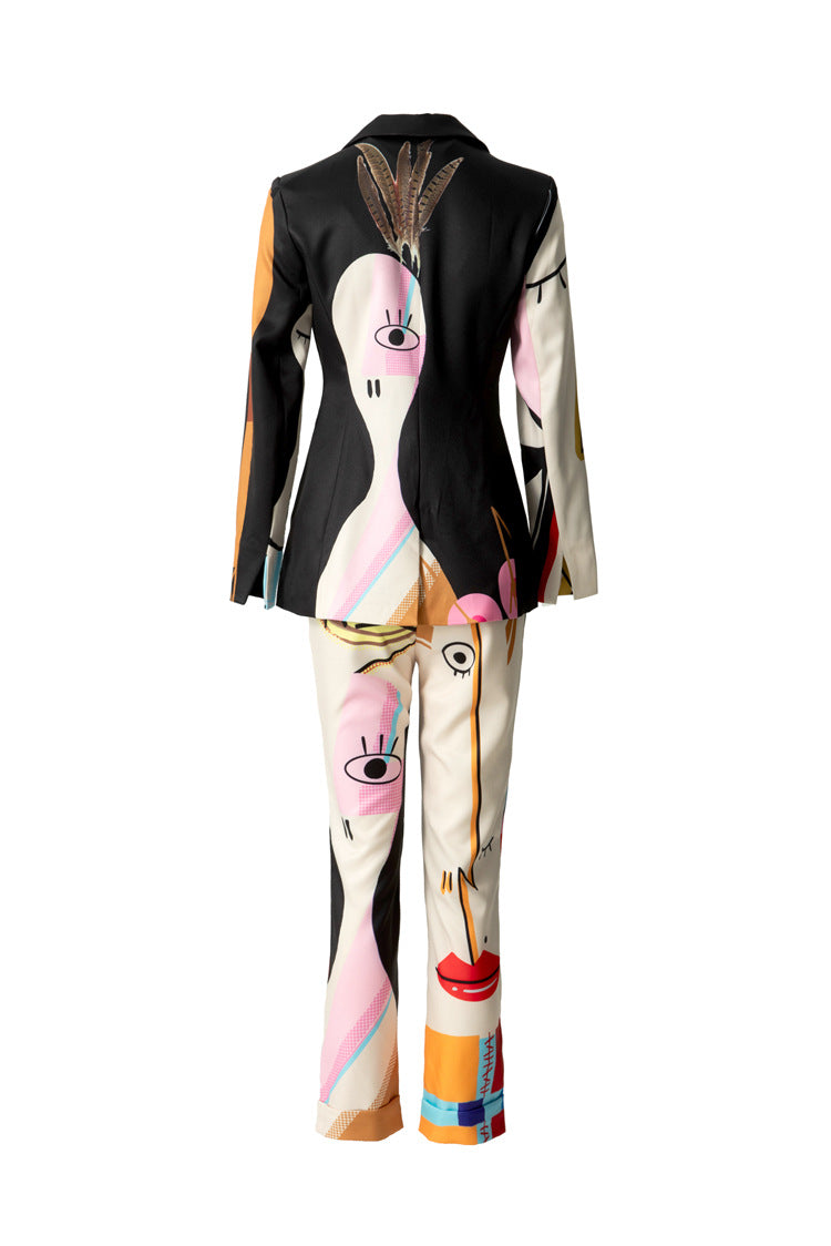 Abstract Face Print Blazer & Cropped Pants Two-Piece Set SP10052
