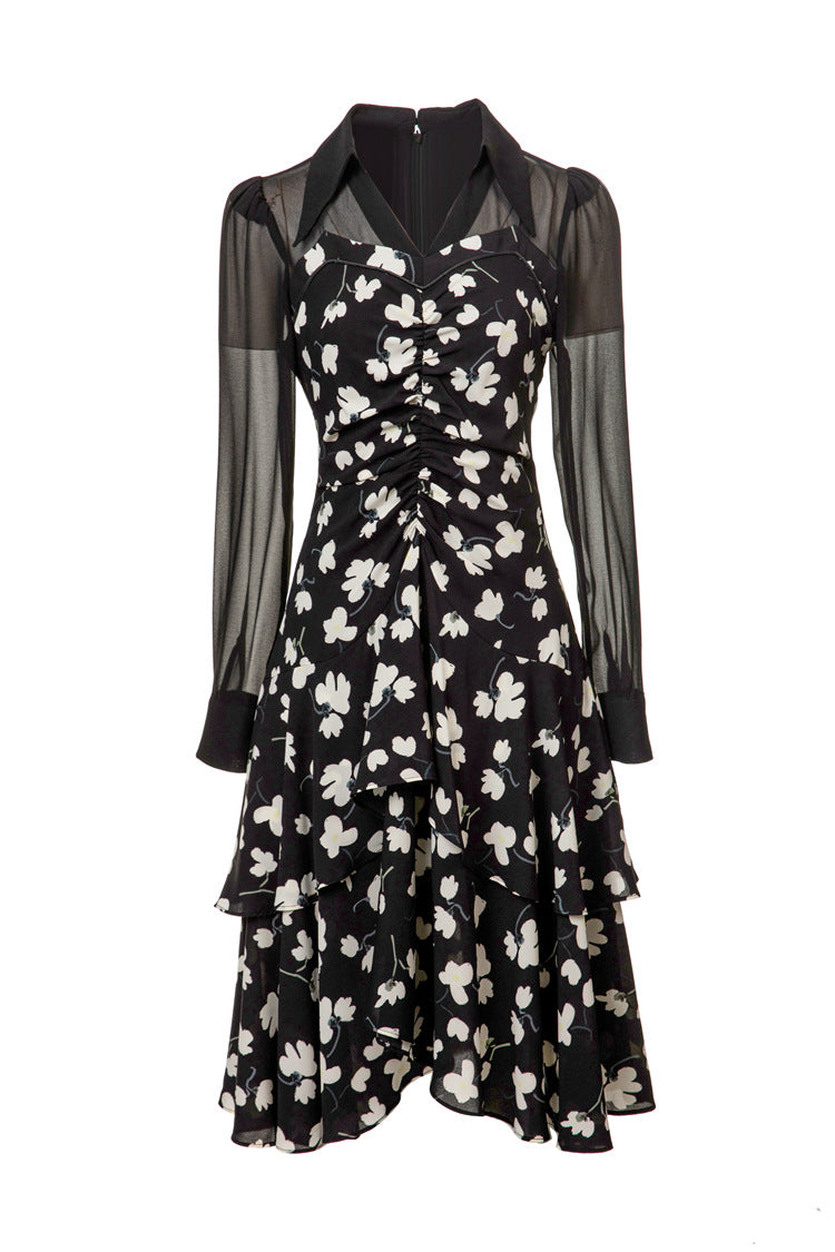 Black Floral Chiffon Sheer Sleeve Midi Dress SP10025