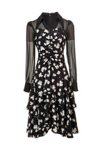 Black Floral Chiffon Sheer Sleeve Midi Dress SP10025