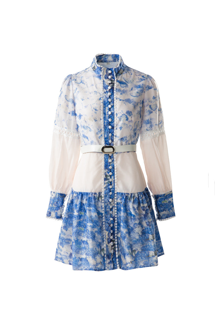 Blue White Porcelain Print Lace Cutout Shirt Dress with Belt SP10065