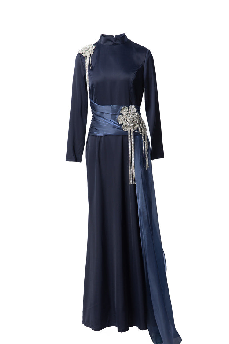 Navy Blue Satin High Neck Evening Gown with Beaded Floral Tassels SP10104