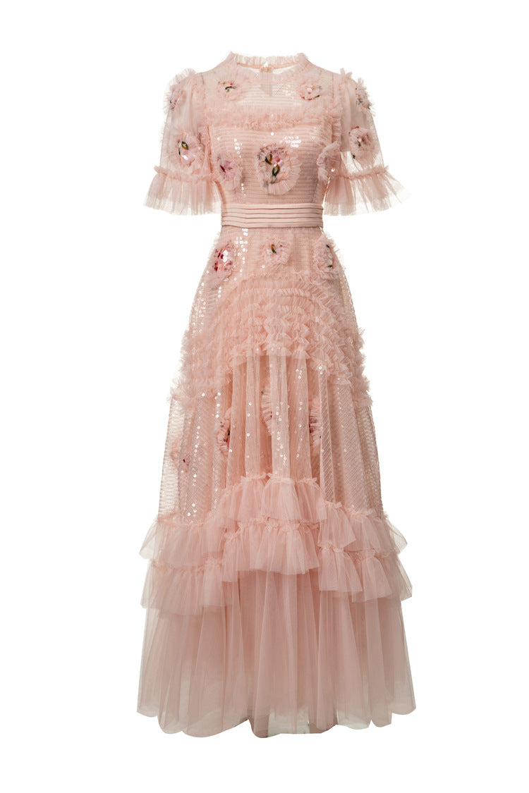 Pink Sequin 3D Floral Ruffled Tulle Maxi Princess Dress SP10023