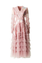 Sequin Embroidery Tiered Tulle Maxi Dress with Ruffled V-Neck SP10055