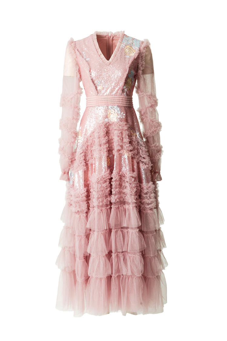Sequin Embroidery Tiered Tulle Maxi Dress with Ruffled V-Neck SP10055