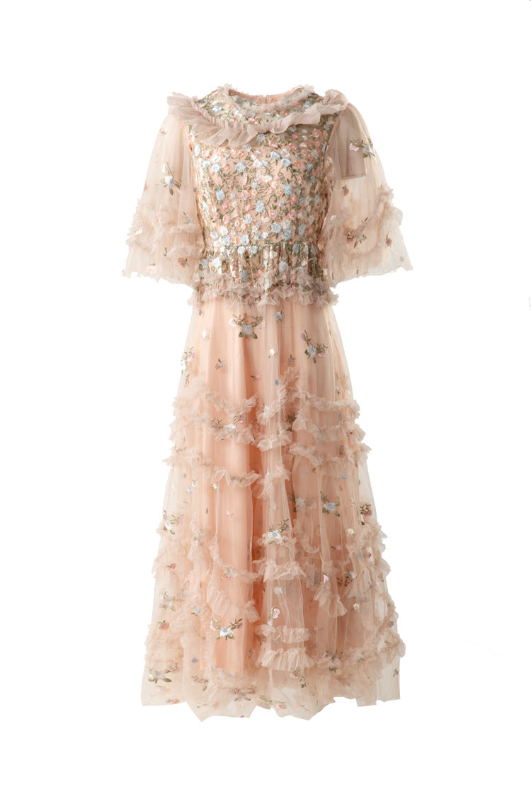 Ruffled Neck 3D Floral Tiered Tulle Maxi Dress SP10077