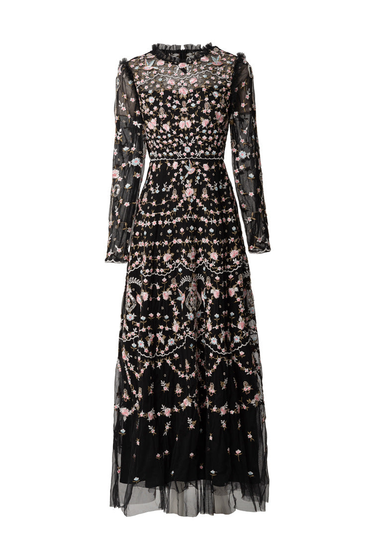 Black Floral Bird Embroidered Ruffled Neck Tulle Maxi Dress SP10036