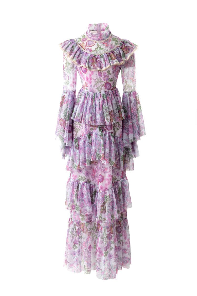 Ruffled High Neck Floral Tiered Cake Maxi Dress SP10075