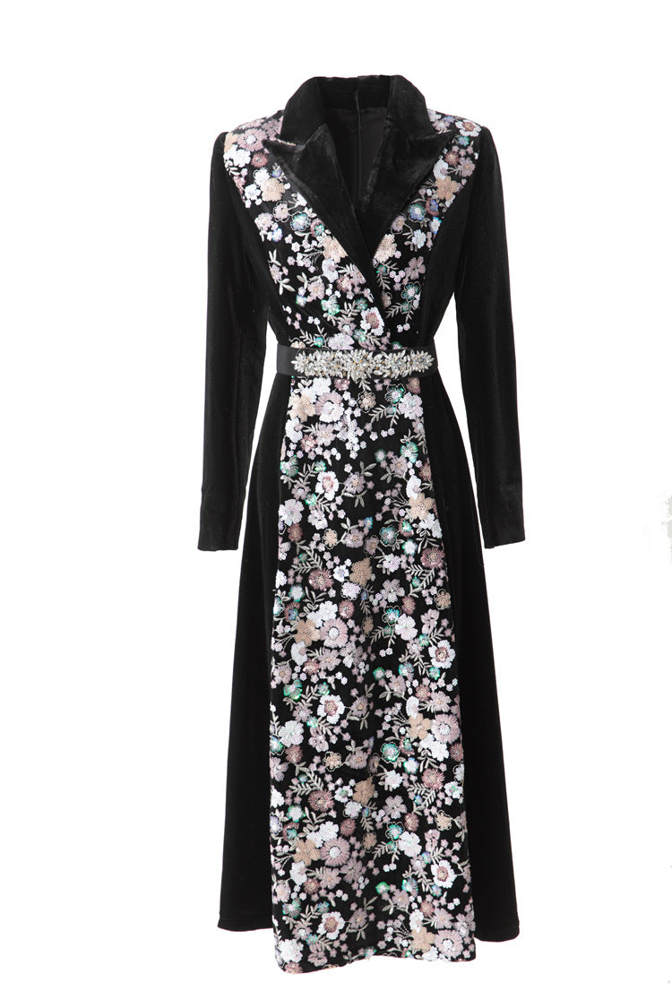 Velvet Floral Embroidered Notched Collar Midi Dress SP10069