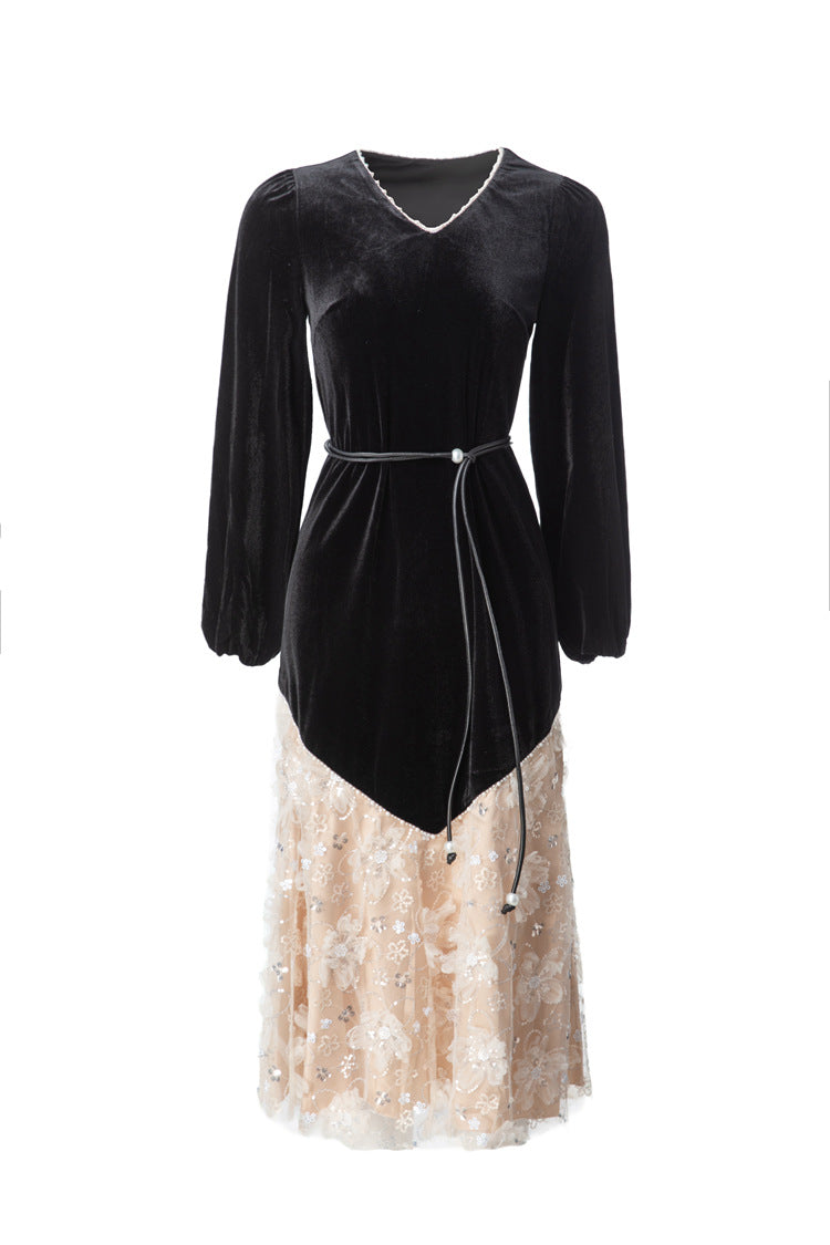 Velvet V-Neck Lace Patchwork Midi Dress SP10090
