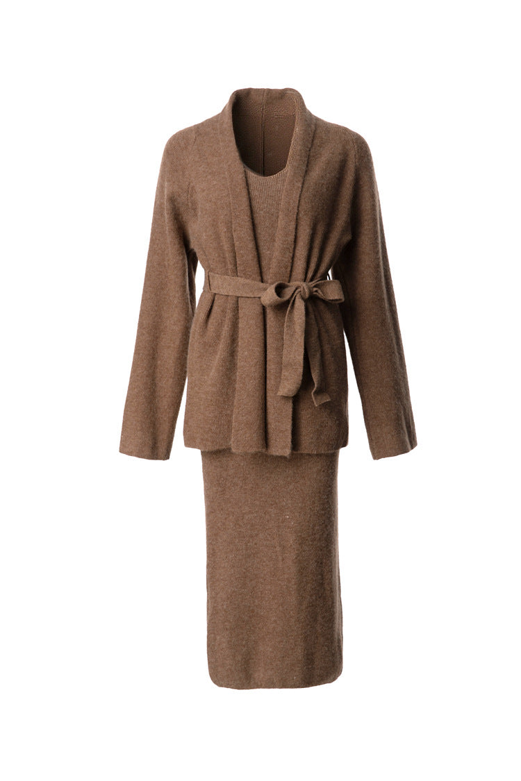 V-Neck Knit Dress & Tie-Waist Cardigan Two-Piece Set SP10098