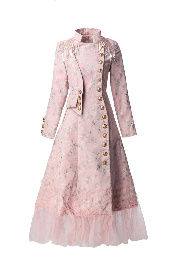 Pink Jacquard Qipao Style Dress with Fringe Shoulder Details & Tulle Hem SP10111