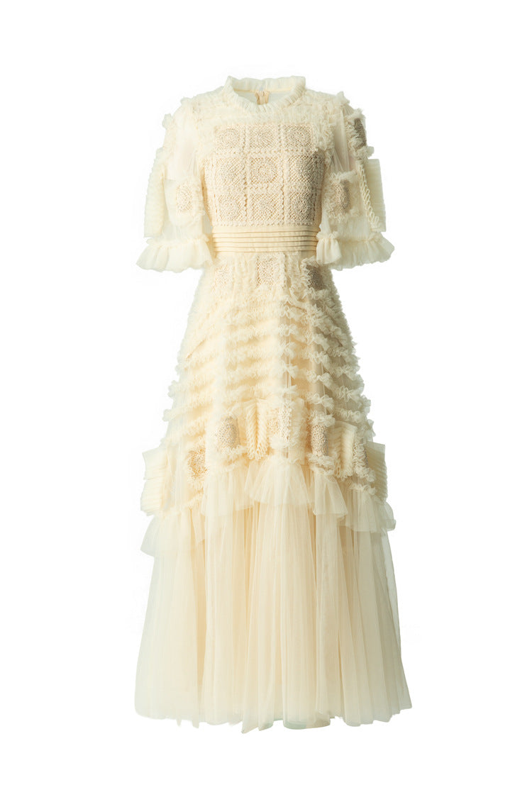 Cream Crochet Lace Tiered Tulle Cake Dress SP10056