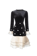 Women's French Style Velvet Dress, Round Neck Pearl & Flower Embellished Top with Satin Layered Ruffle Hem, Long Sleeve Cocktail Party Dress SP10102