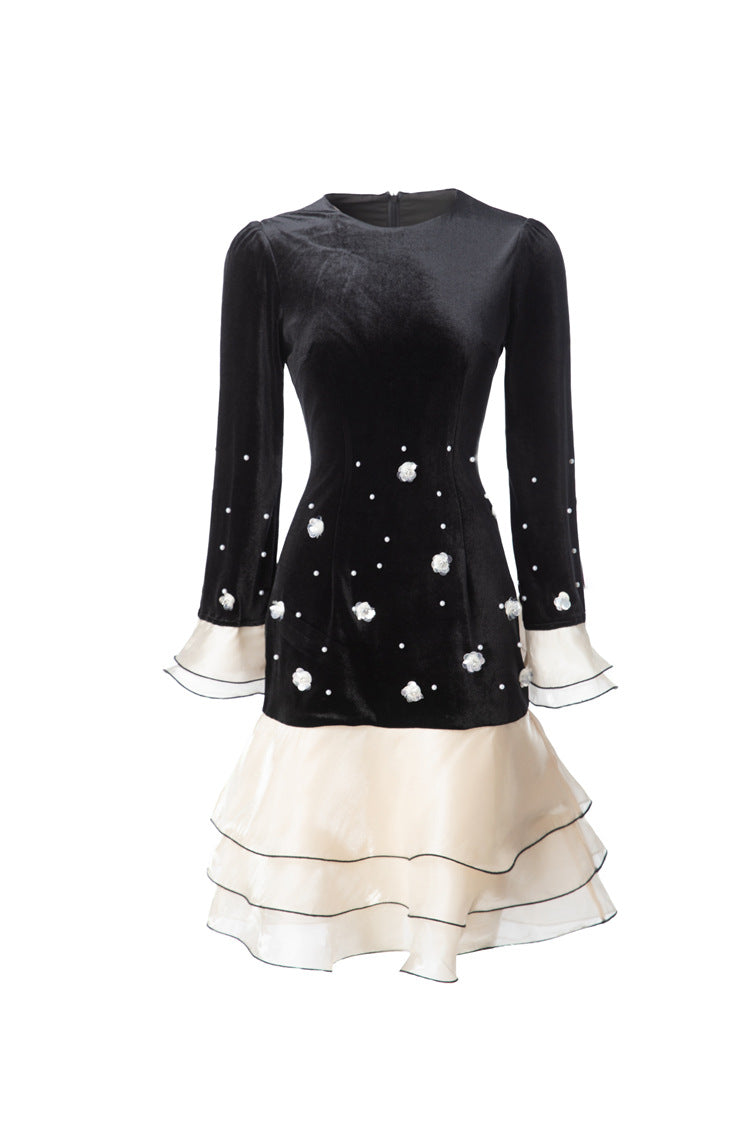 Women's French Style Velvet Dress, Round Neck Pearl & Flower Embellished Top with Satin Layered Ruffle Hem, Long Sleeve Cocktail Party Dress SP10102
