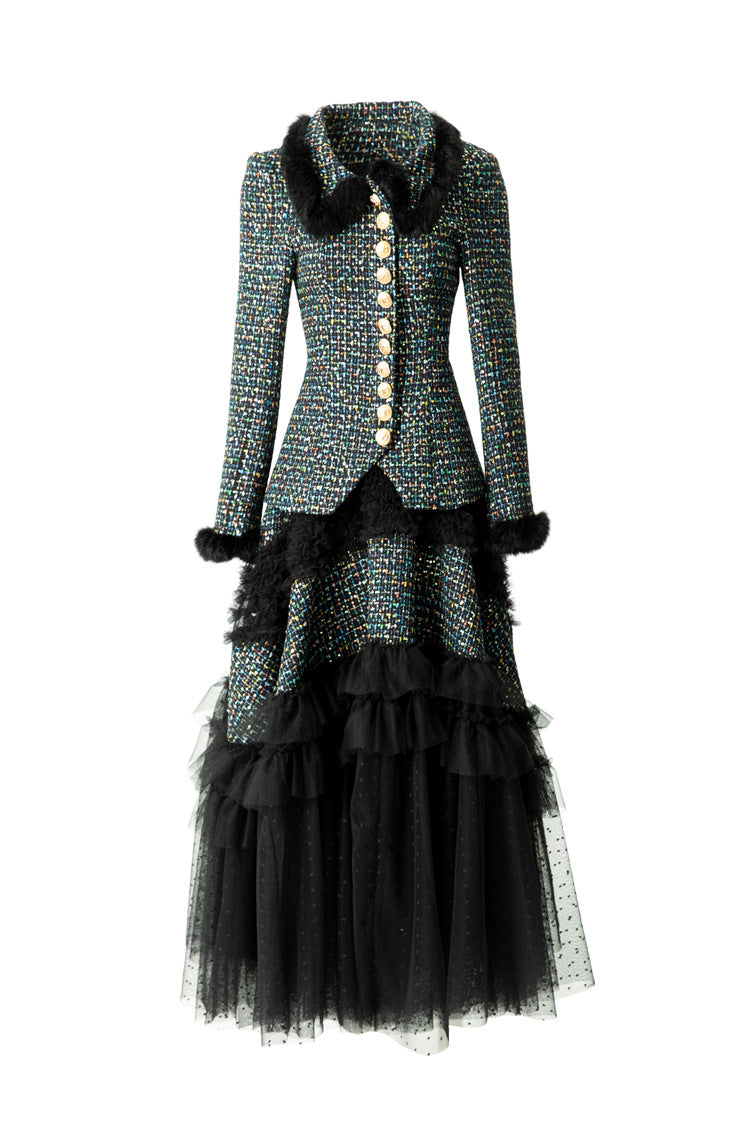 Tweed Faux Fur Trim Jacket & Tiered Tulle Skirt Two-Piece Set SP10051