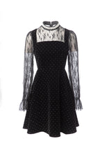 Black Velvet Mini Dress with Rhinestone Collar & Sheer Mesh Polka Dot Sleeves SP10110