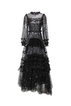 Black Sequin Beaded Tiered Tulle Maxi Evening Gown SP10031