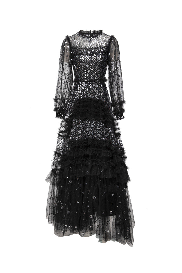 Black Sequin Beaded Tiered Tulle Maxi Evening Gown SP10031