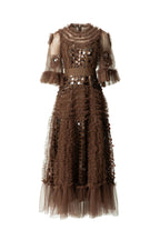 Brown Sequin Ruffled Tiered Organza Maxi Dress SP10061