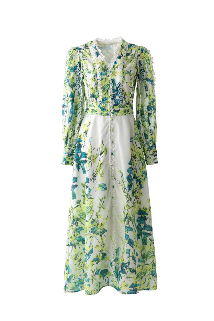 Green Floral Print Lace Trim Button Front Slit Maxi Dress SP10066