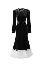 Black Velvet Mermaid Dress with Pearl Embellishments & Tulle Hem SP10114