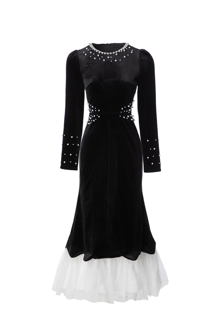 Black Velvet Mermaid Dress with Pearl Embellishments & Tulle Hem SP10114