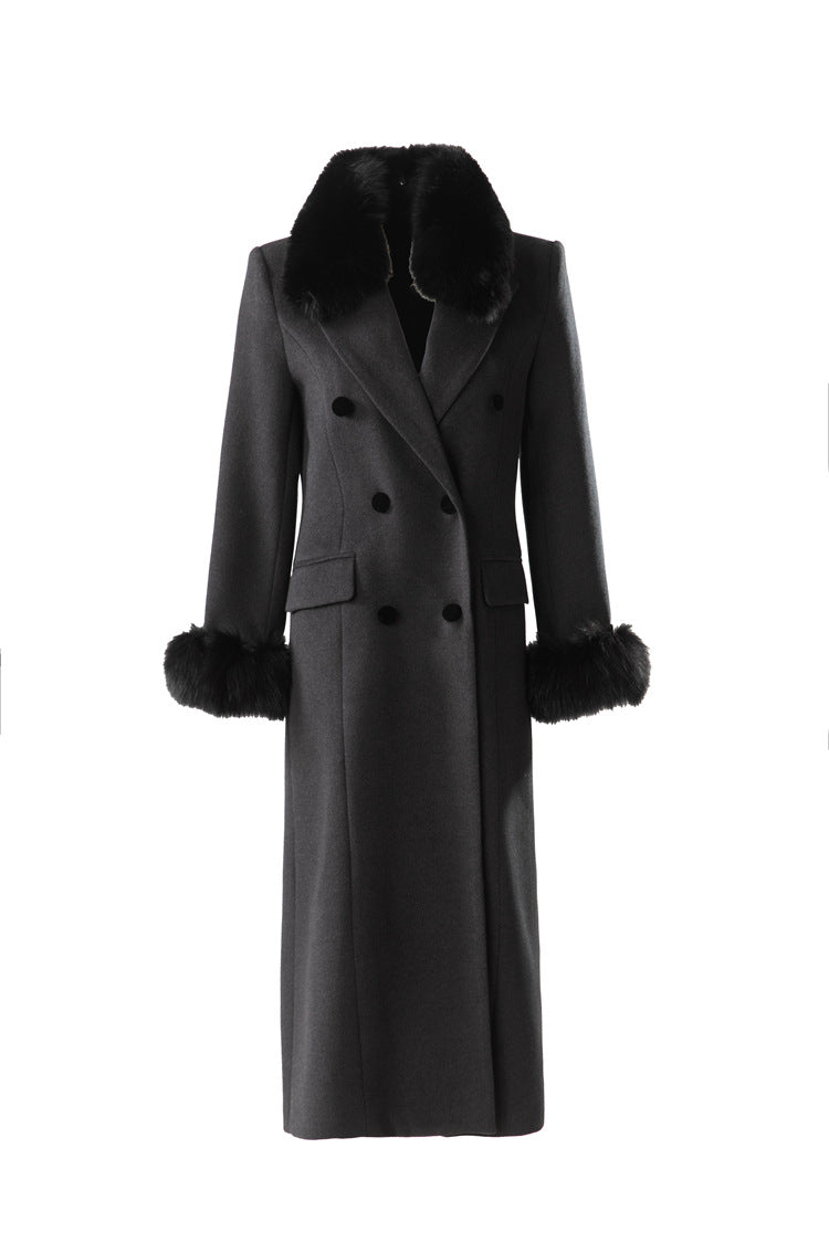 Fur Trim Double-Breasted Maxi Wool Coat Dress SP10078