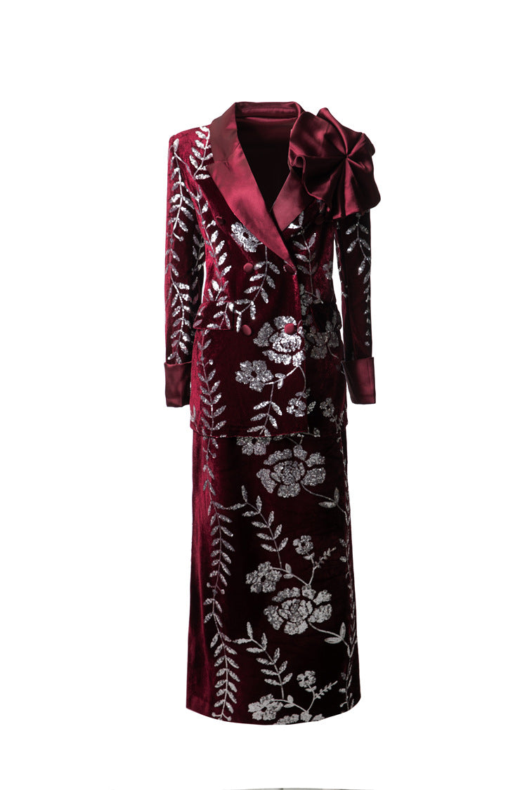 Burgundy Velvet Sequin Floral Blazer & Pencil Skirt Set SP10020