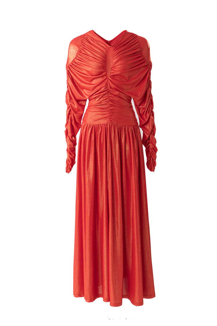Metallic Ruched Waist Flared Maxi Dress SP10087