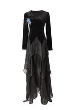 Velvet Satin Asymmetrical Tiered Maxi Dress with Floral Brooch SP10081