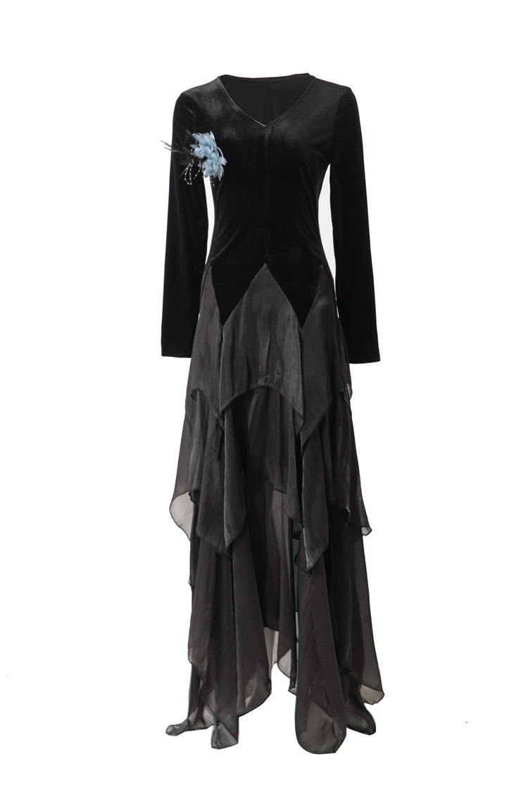 Velvet Satin Asymmetrical Tiered Maxi Dress with Floral Brooch SP10081