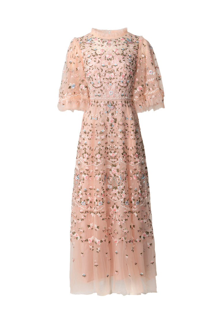 Pink Floral Bird Embroidered Tulle Flutter Sleeve Maxi Dress SP10035