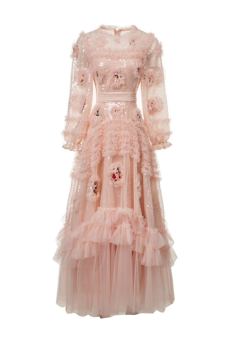 Pink Sequin 3D Floral Embroidered Tiered Tulle Maxi Dress SP10026