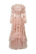 Pink Sequin 3D Floral Embroidered Tiered Tulle Maxi Dress SP10026