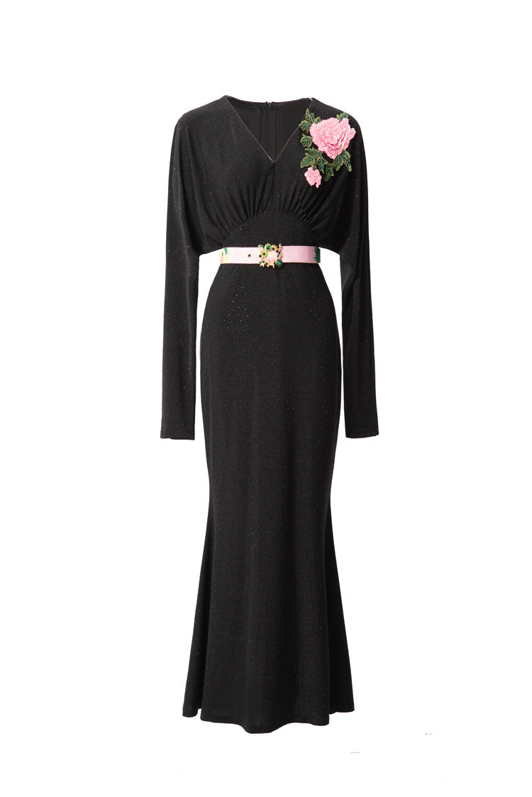 V-Neck Batwing Sleeve Peony Embroidery Mermaid Dress SP10048