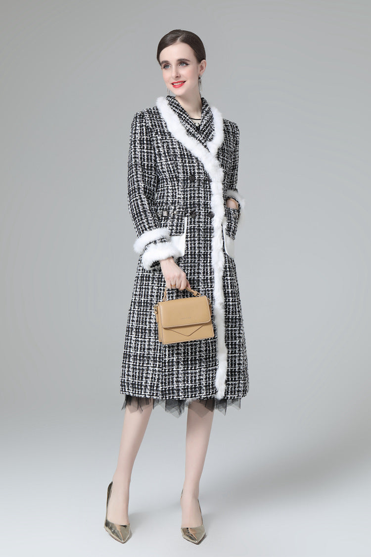 Plaid Tweed Faux Fur Trim Double Breasted Midi Coat SP10033