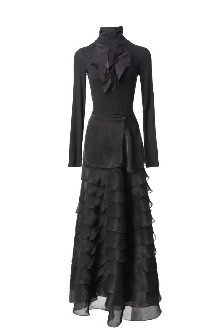 Black 2-Piece Ruffle Tiered Maxi Dress with Ruffle Neck Top SP10105
