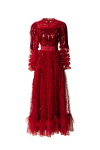 Red Fringe Sequin Tiered Tulle Maxi Dress SP10054