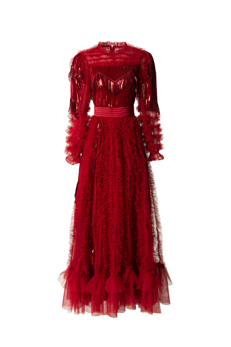 Red Fringe Sequin Tiered Tulle Maxi Dress SP10054